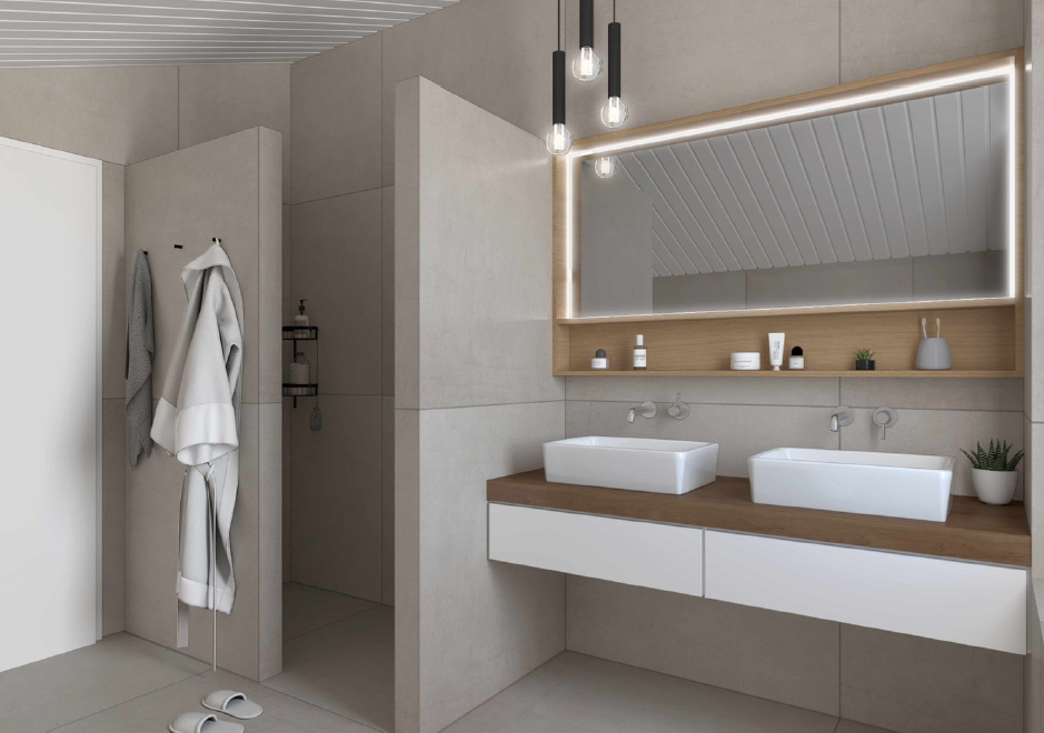 Modernes Bad mit minimalistischem Design, ausgestattet mit Doppelwaschbecken und stilvollen Leuchten.
