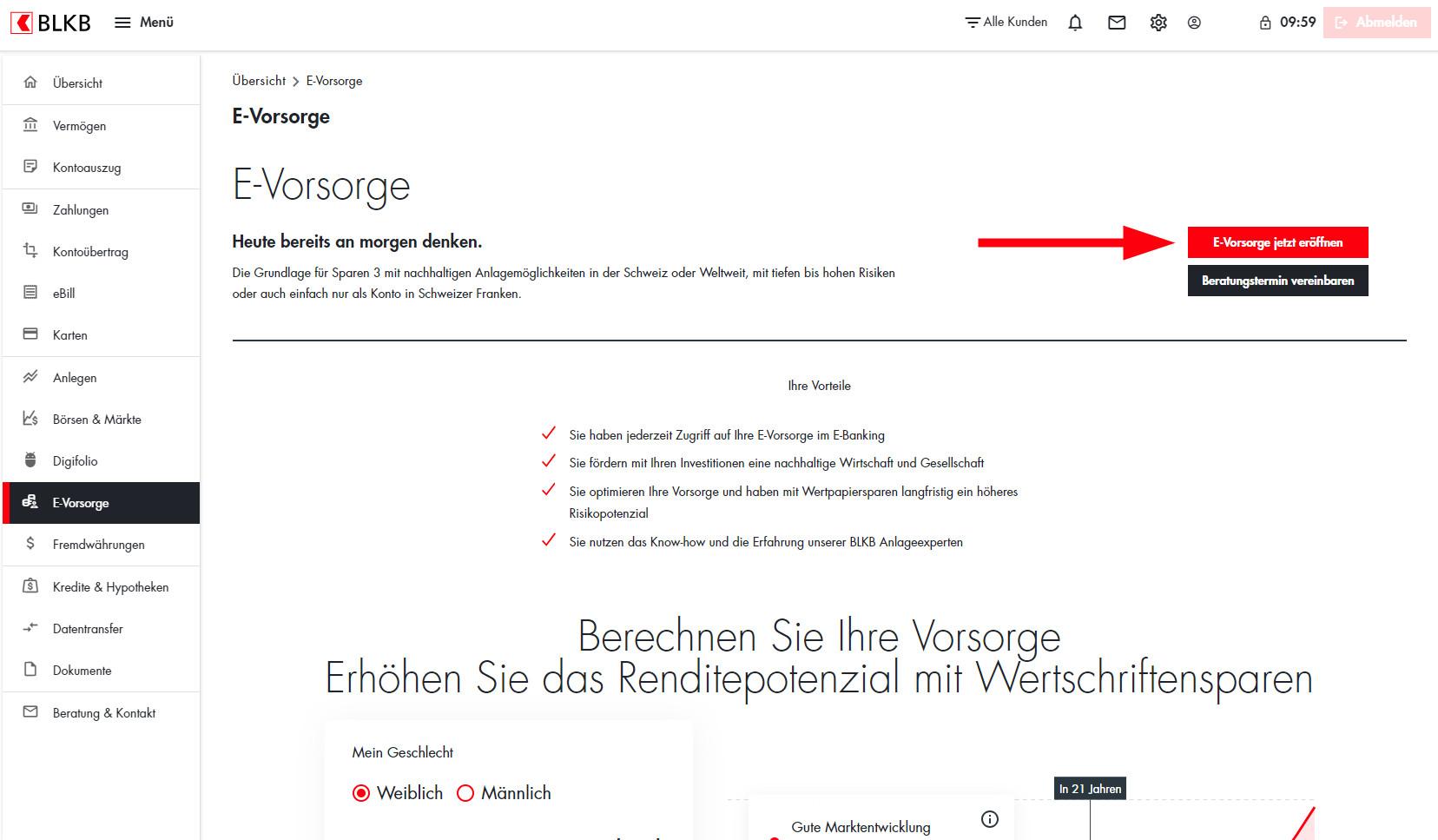 Screenshot zur Übersicht zur E-Vorsorge mit dem Pfeil, welches aufzeigt, den roten Button "E-Vorsorge jetzt öffnen" zu klicken.