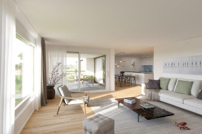 Wohnzimmer mit Sofa, Stühlen, Esstisch, Küche und Terrasse am Bündtenweg/Gassenbachweg in Hölstein