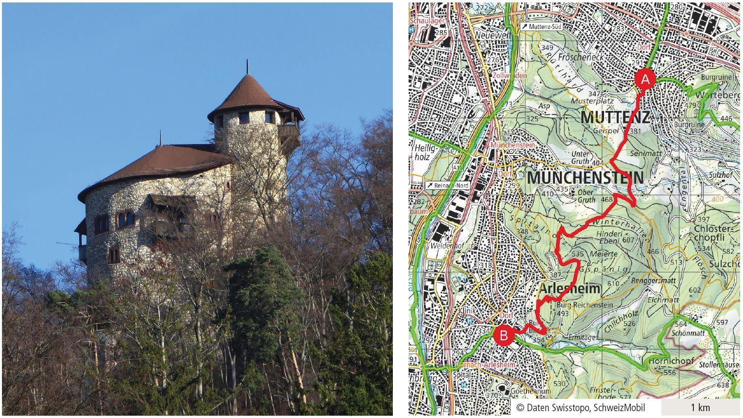 Vorschau der Burg in Reichenstein mit Karte des Wegs von Muttenz nach Arlesheim.