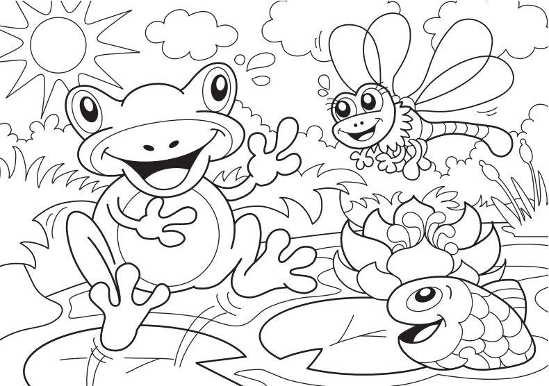 Ausmalkarte von einem Frosch, Libelle, Fisch und der Natur.