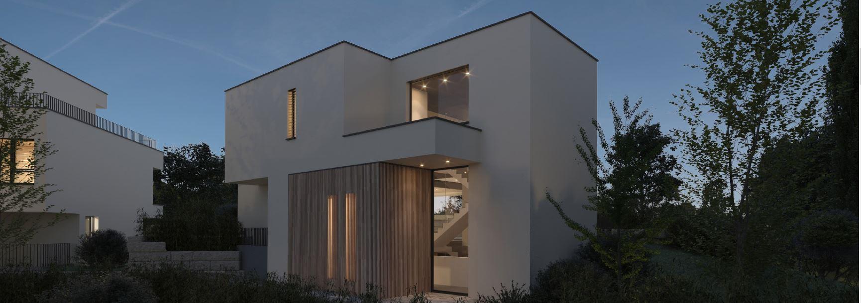 Moderne zweistöckige Villa bei Dämmerung mit Pool und Garten.
