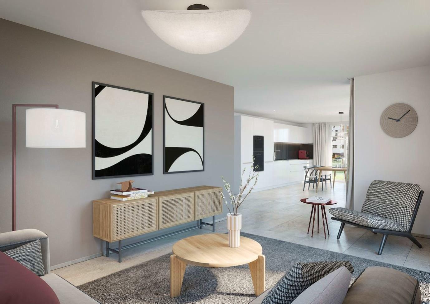 Modernes Wohnzimmer mit grauen und weißen Elementen, Bildern an der Wand am Oberdorfweg in Wallbach.