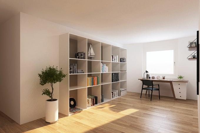 Einzelzimmer mit Schreibtisch und Bücherregal am Räckholder in Trimbach