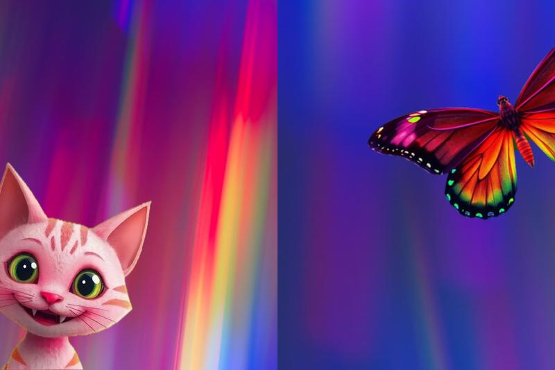 Farbiger Hintergrund mit Schmetterlingsmotiv und Katze.