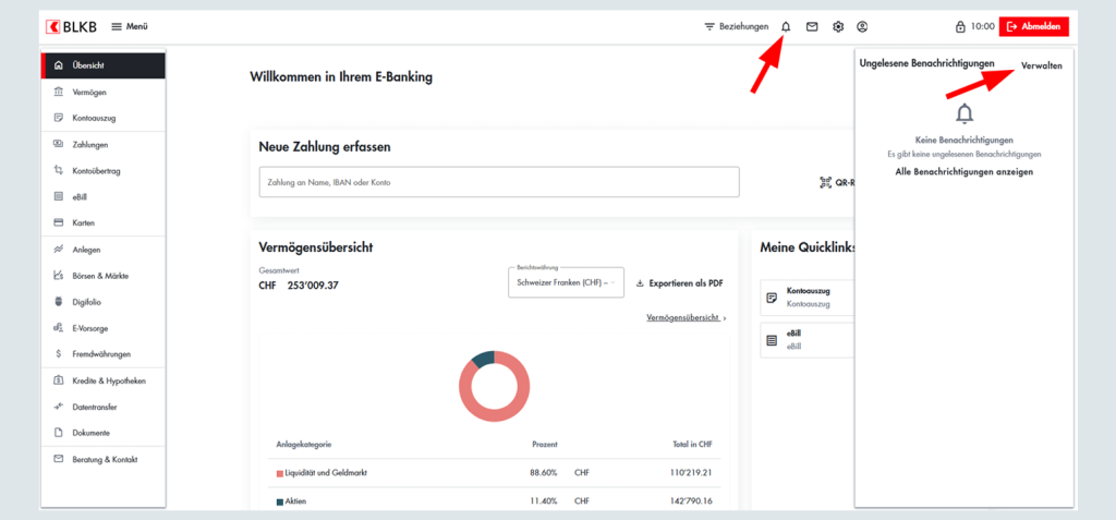Screenshot des Onlinebankings der Basellandschaftlichen Kantonalbank BLKB.