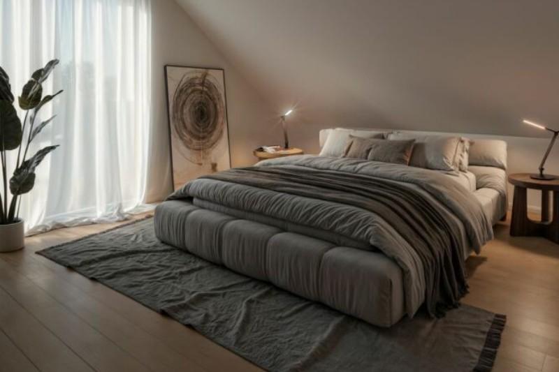 Gemütliches Schlafzimmer mit Doppelbett der Einfamilienhäuser am Tubhusweg in Muttenz.