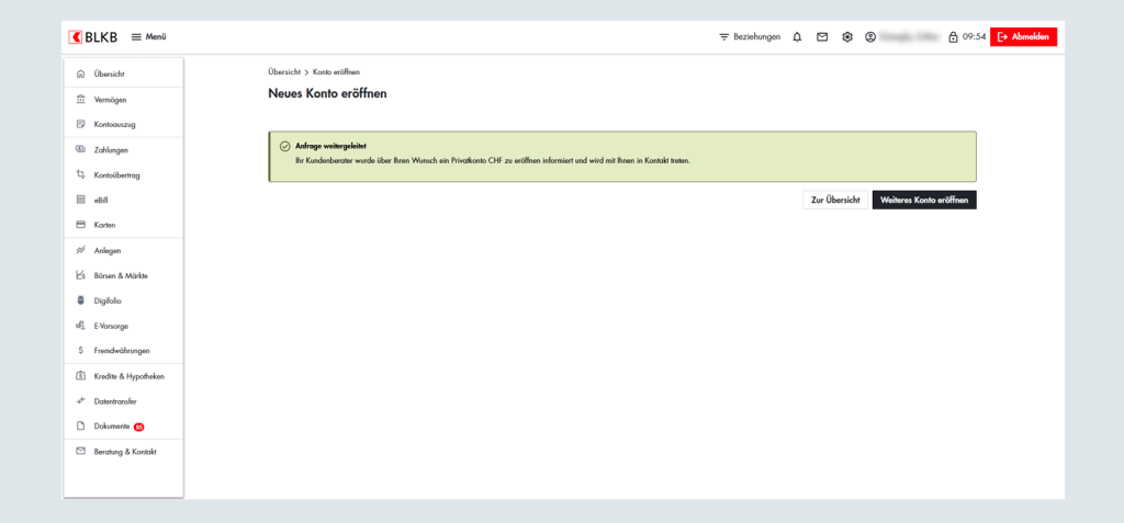 Screenshot der BLKB Online-Banking Plattform mit Kontoeröffnung Benachrichtigungen