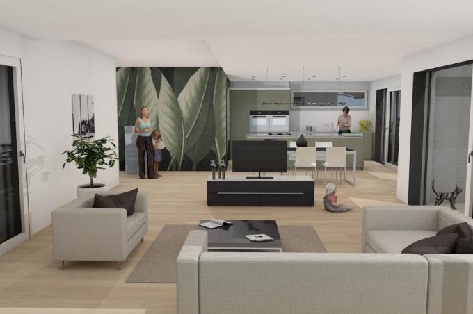 Wohnzimmer mit Sofa, Küche, Esstisch und Stühlen am Ballmerweg in Lausen. Der Boden ist in Farbe Beige.