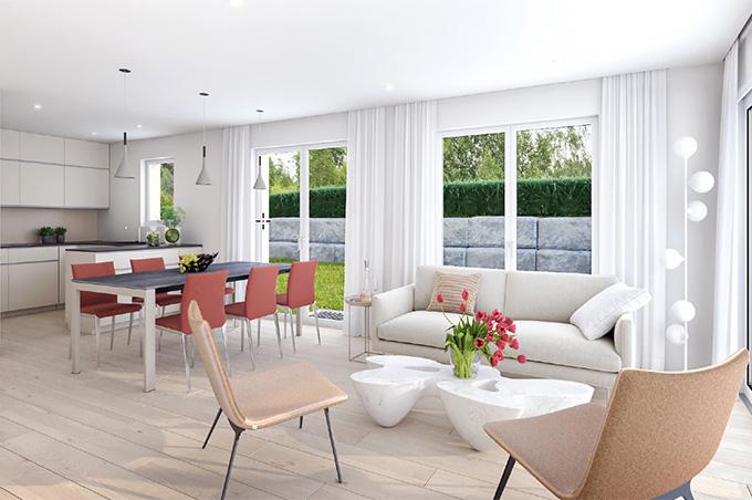 Wohnzimmer mit Esstisch, Stühlen und Küche an der Chillmattenstrasse in Biel-Benken
