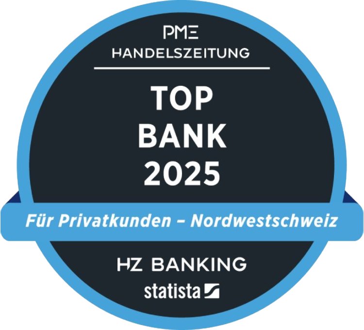 Top-Bank-2025-Auszeichnungssiegel von der PME Handelszeitung für HZ Banking in Nordwestschweiz, gerichtet an Privatkunden.