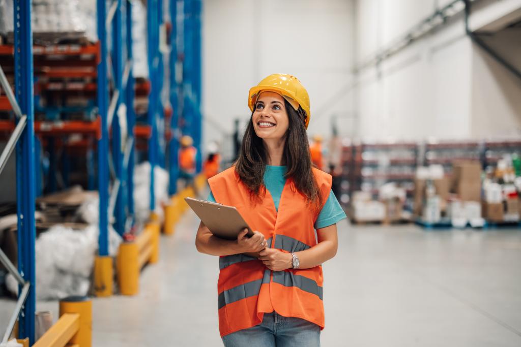 Frau in Sicherheitsweste in Lagerhalle bei der Basellandschaftlichen Kantonalbank BLKB