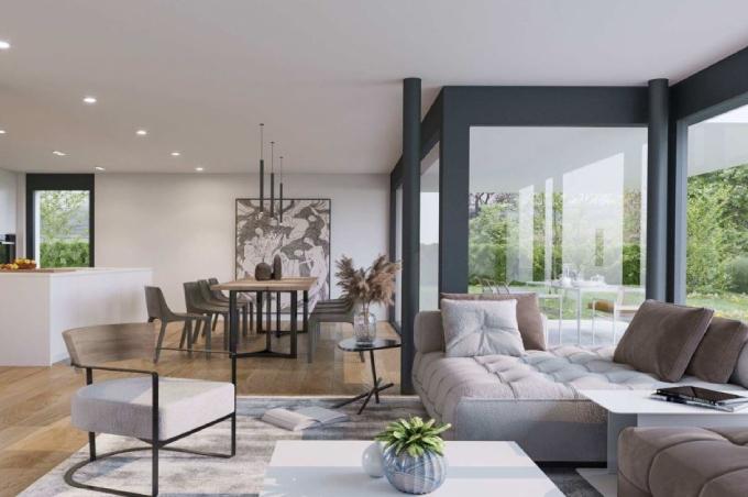 Wohnzimmer mit Esstisch, Sofa, Terrasse und Küche an der Rebgasse in Binningen