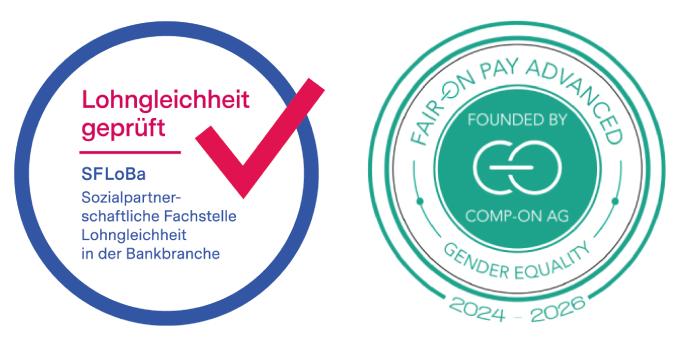 BLKB-Auszeichnungen: Lohngleichheit geprüft und Fair on Pay Advanced für Geschlechtergleichheit von 2024-2026.