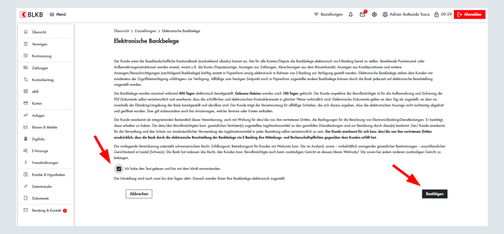 Screenshot eines digitalen elektronischen Bankbelegs der Basellandschaftlichen Kantonalbank (BLKB)