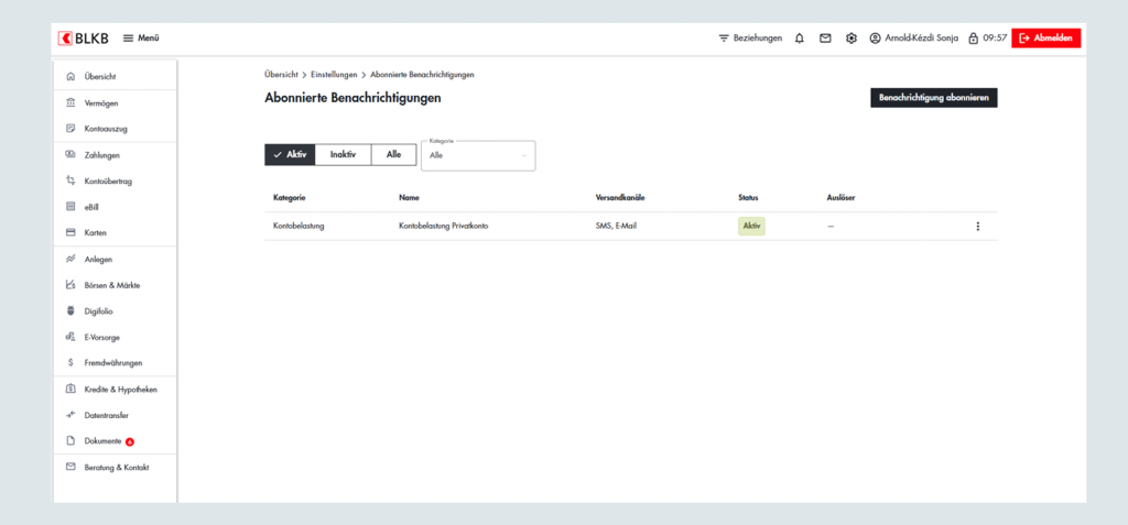 Screenshot der BLKB Online-Banking Seite mit Benachrichtigungen und Menüleiste