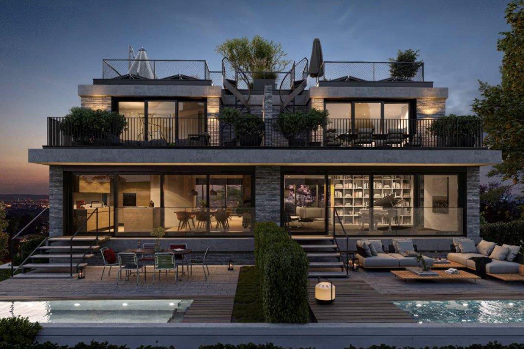 Haus mit Esstisch, Sofas und Pools an der Rudolf Wackernagelstrasse in Riehen
