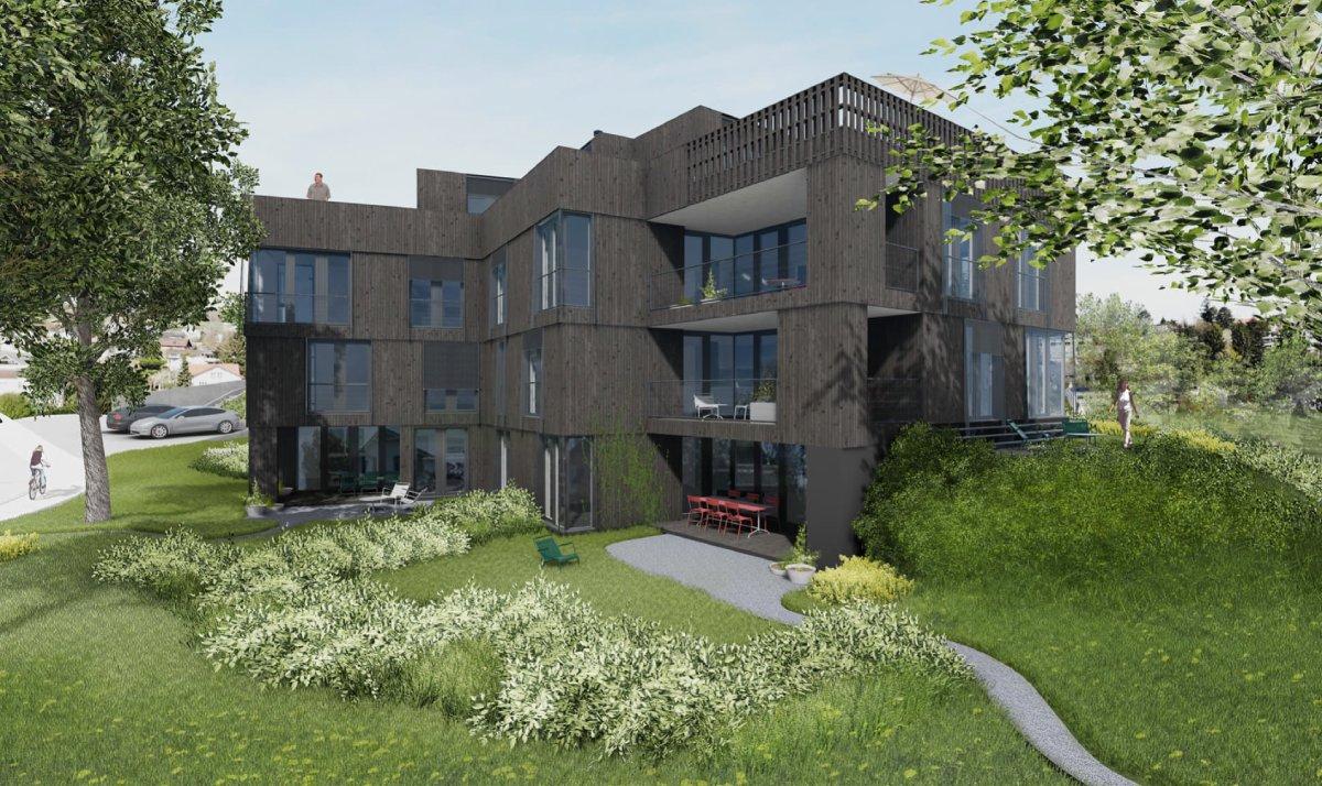 Mehrfamilienhaus mit Eigentumswohnungen in dunkelbrauner Holzfassade mit Garten am Hohlweg im Rebgarten in Oberwil