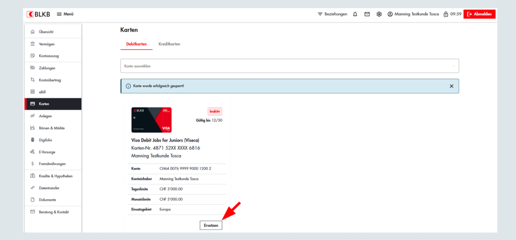 Screenshot der BLKB Online-Kundenverwaltung mit Kartenübersicht und Bestätigungsbutton