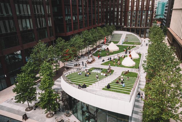 Aerial view of Symphony Park, on the park there are two tipis and a giant chess set