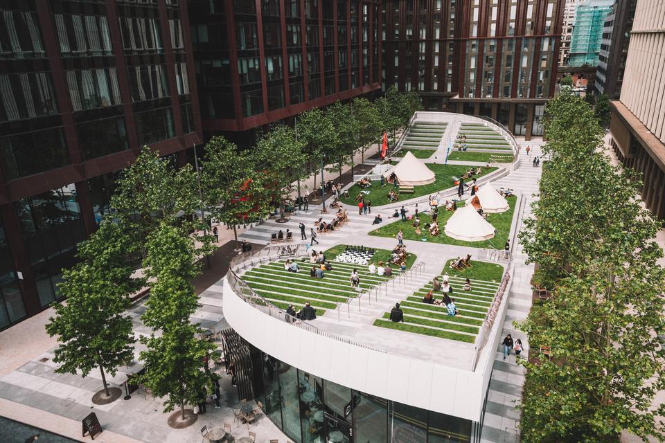 Aerial view of Symphony Park, on the park there are two tipis and a giant chess set