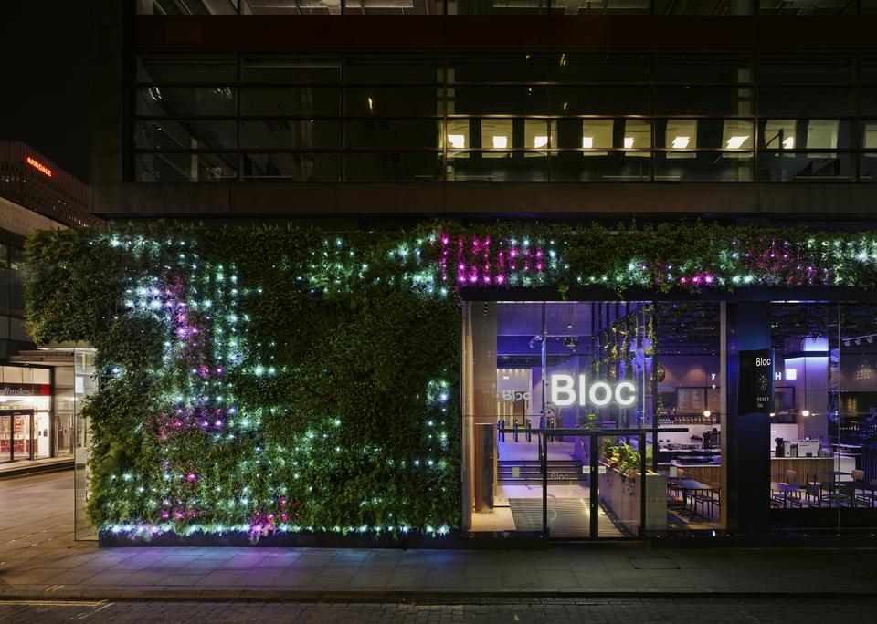 The entrance to Bloc building lit up at night with multi-coloured lights across a living wall