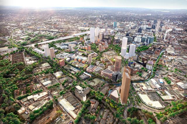 Aerial CGI header image of B-IQ within the city of Birmingham