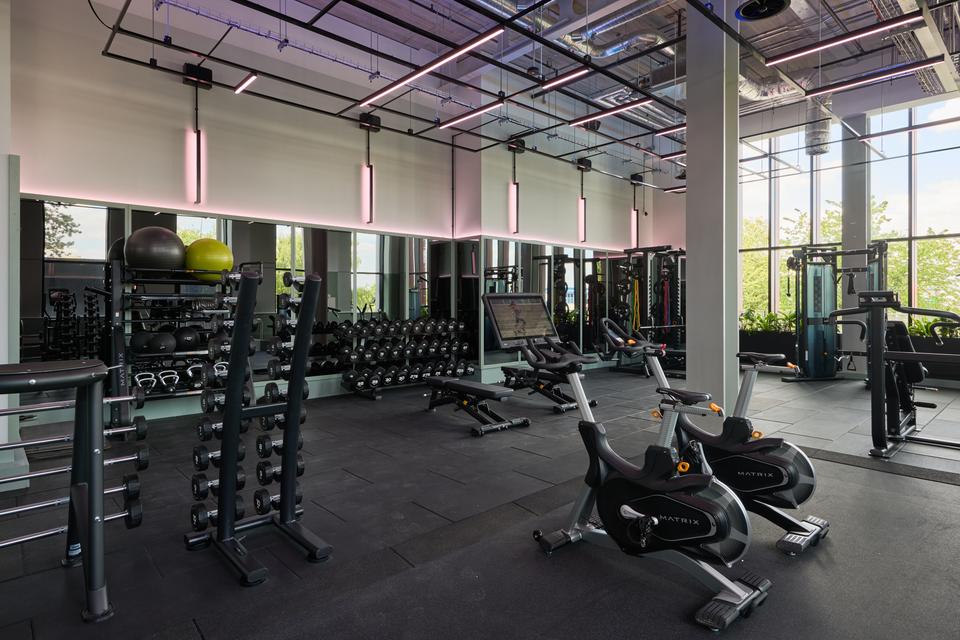 Breakout space at Enterprise Wharf, Innovation Birmingham  On-site gym to improve colleague work-life balance 
