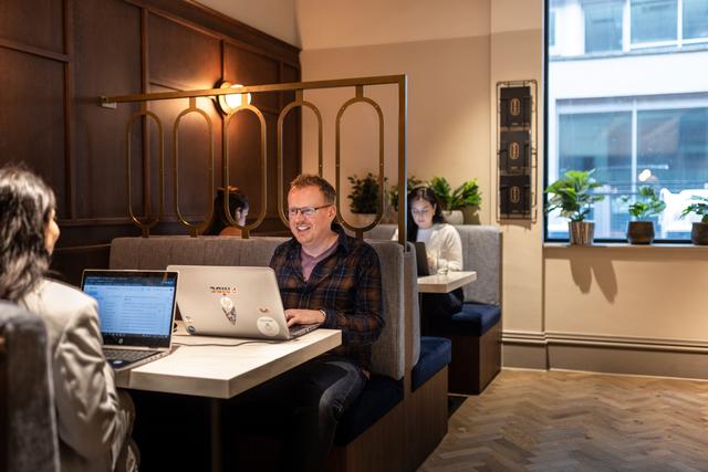 Ground floor workspace, lounge and kitchen area