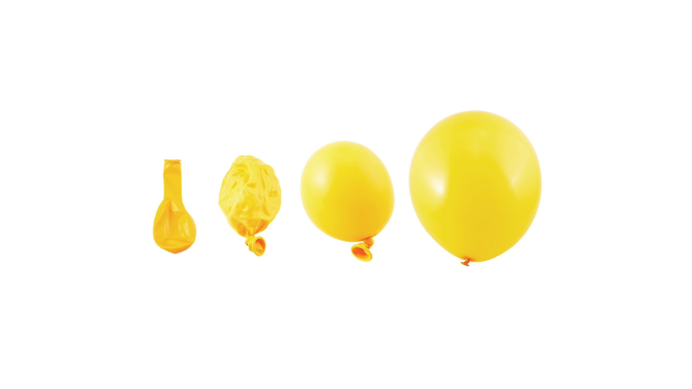 Palloncini gialli a diversi stadi di gonfiaggio che rappresentano i diversi stati polmonari