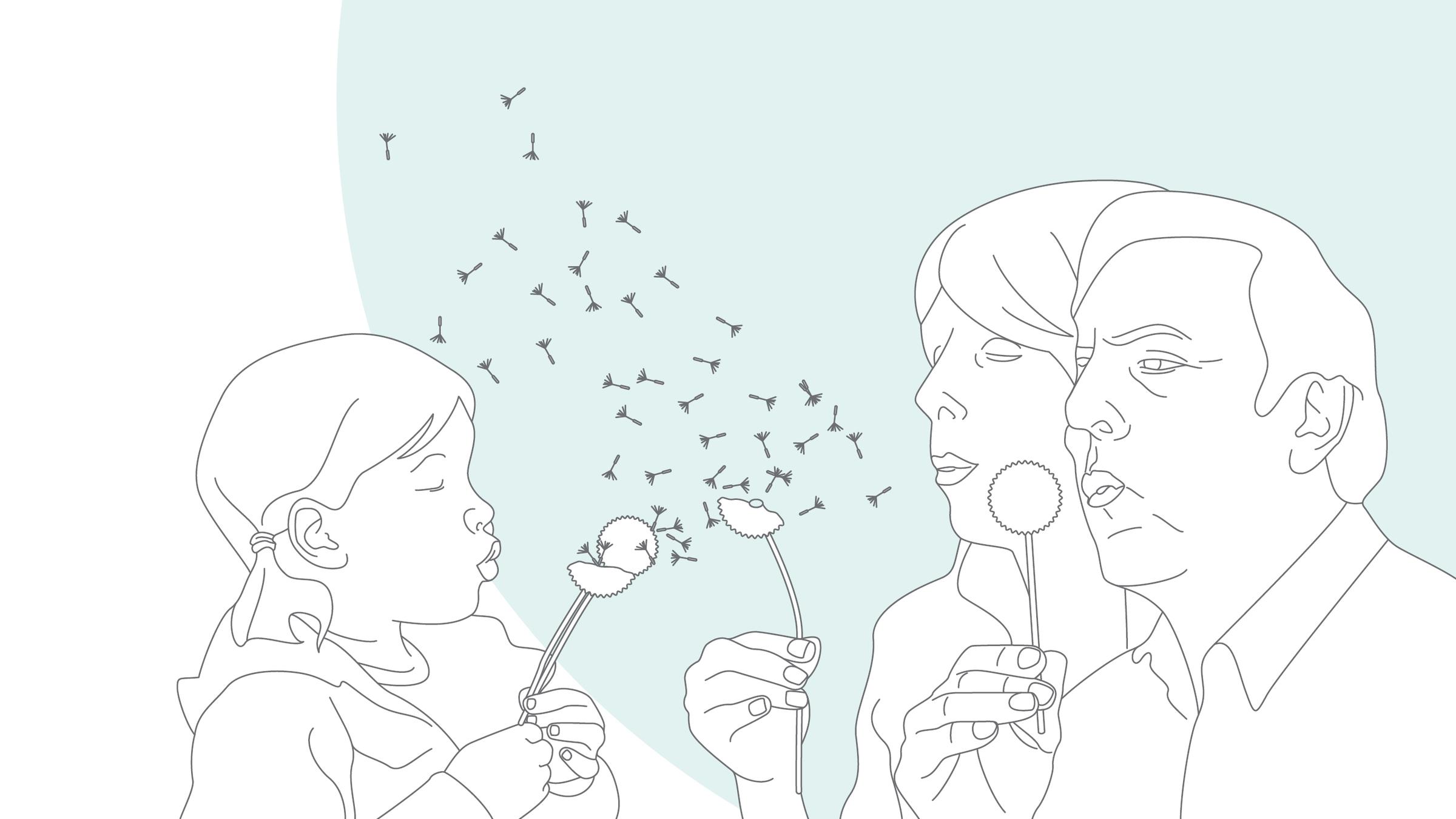 Illustration of people blowing on a flower