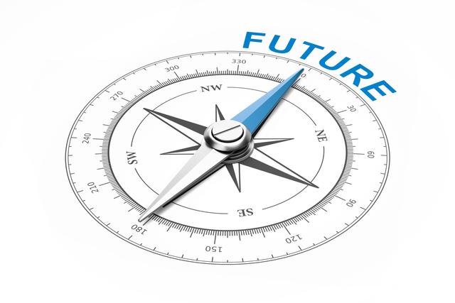 Darstellung eines Kompasses, der in die Zukunft zeigt