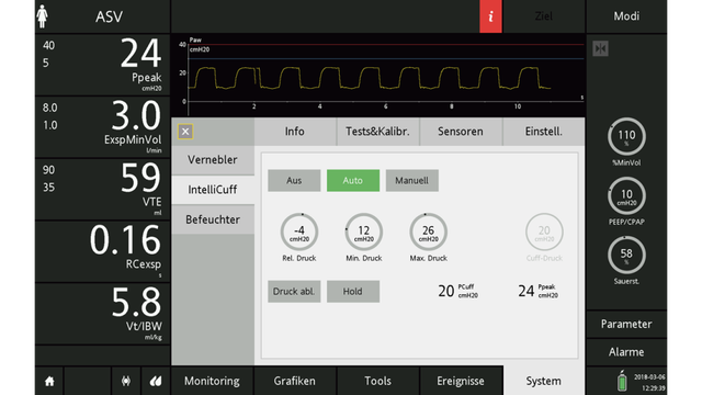 Screenshot showing IntelliCuff set to auto and cuff pressure limits
