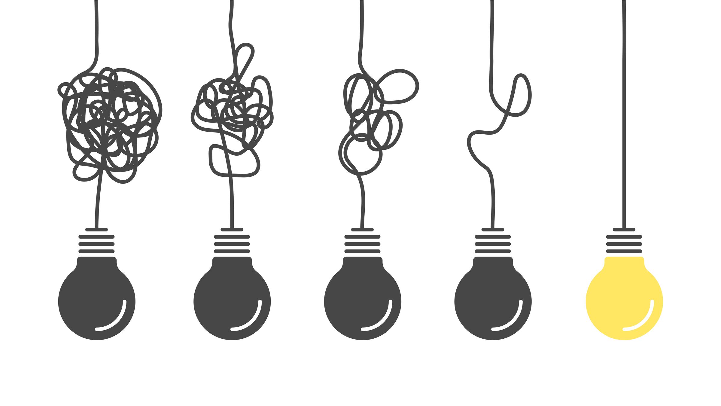 Ilustración gráfica: cuatro bombillas apagadas y una encendida