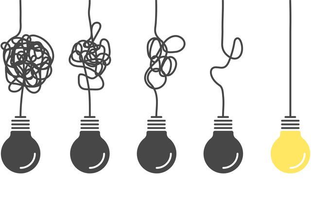 Ilustración gráfica: cuatro bombillas apagadas y una encendida