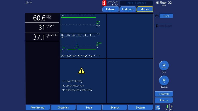 Screenshot showing high flow therapy settings on HAMILTON-G5 ventilator