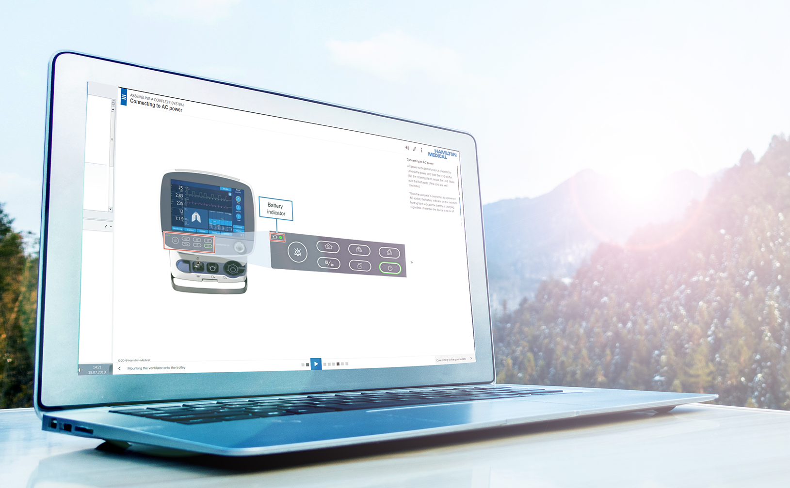 Laptop with open internet browser showing Hamilton Medical product training
