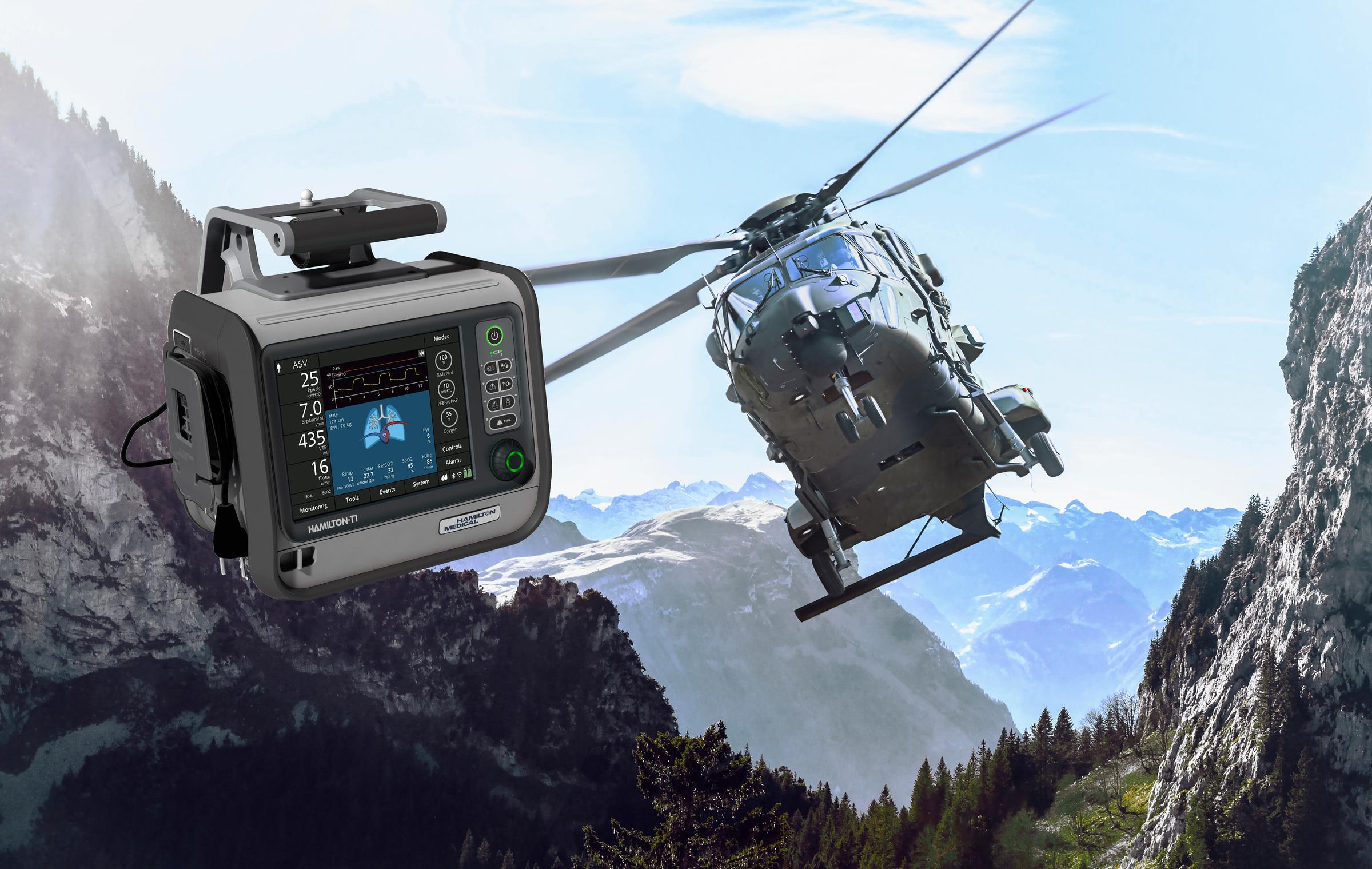 HAMILTON-T1 für Streitkräfte; im Hintergrund ist ein Militärhubschrauber zu sehen