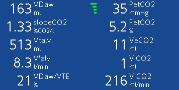 Screenshot of ventilator display showing monitoring parameters with volumetric capgnography