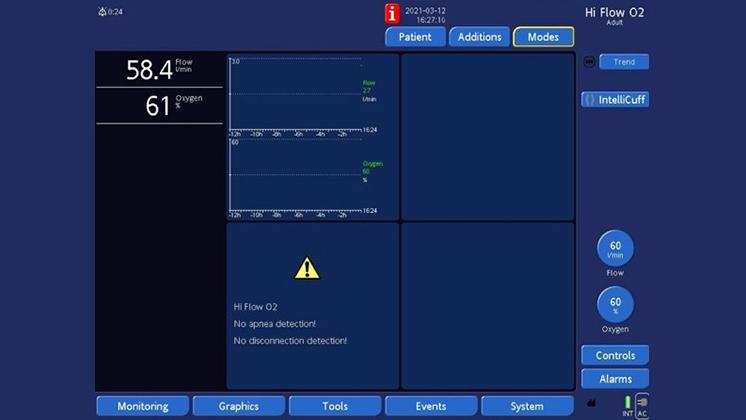 Screenshot showing HiFlowO2 settings on HAMILTON-G5