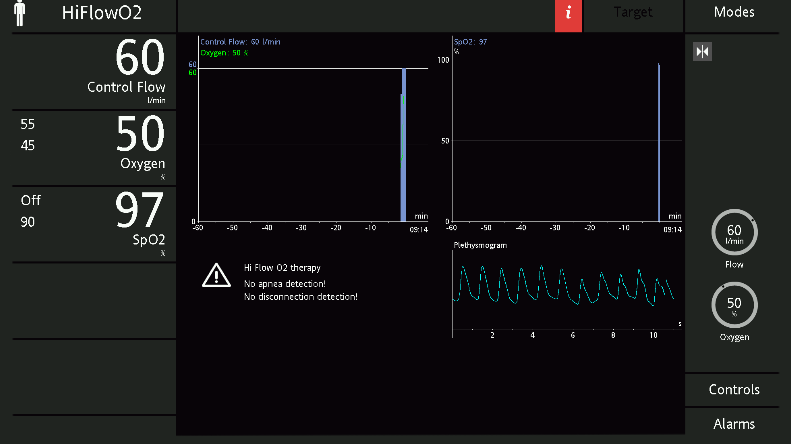 Screenshot showing high flow therapy settings on HAMILTON-C6 ventilator