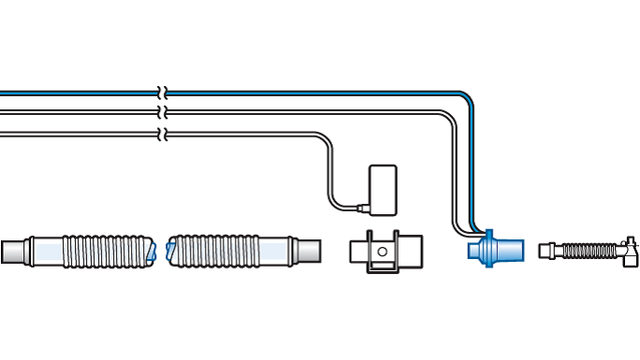 Diagram showing correct positioning of sensor/airway adapter assembly in breathing circuit