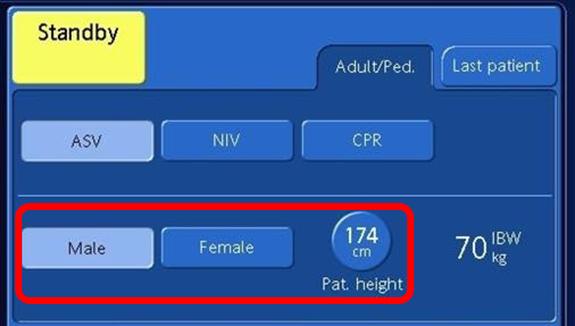 Settings window on ventilator showing settings for patient height and gender