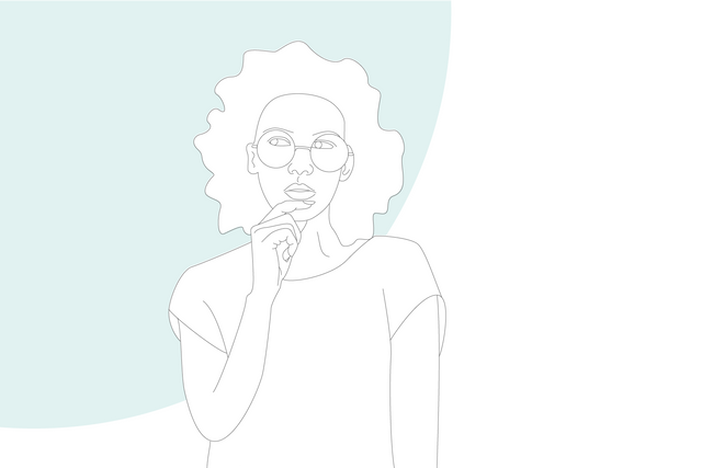Graphic illustration: woman thinking about a question
