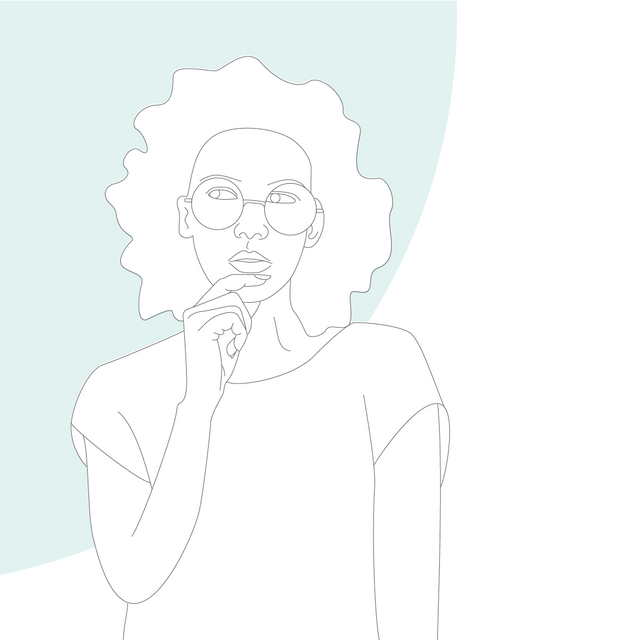Graphic illustration: woman thinking about a question