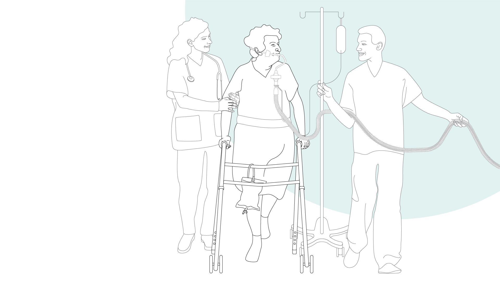 Graphic illustration: two nurses assist intubated patients with walking