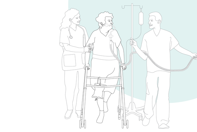 Grafische Darstellung: Zwei Pflegekräfte helfen intubierten Patienten beim Gehen