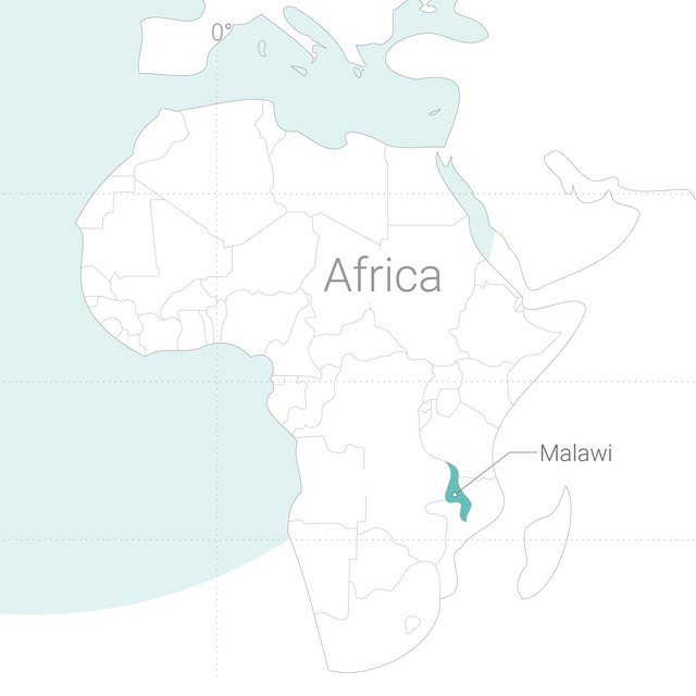 Gezeichnete Grafik von Afrika mit Markierung, wo Malawi liegt