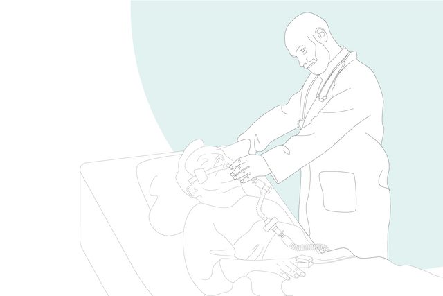 Ilustración gráfica: un paciente intubado con un médico junto a su cama
