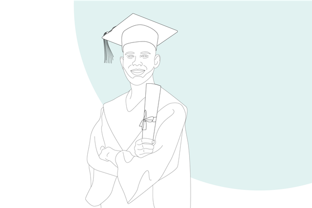 Graphic illustration: student holding certificate in his hand